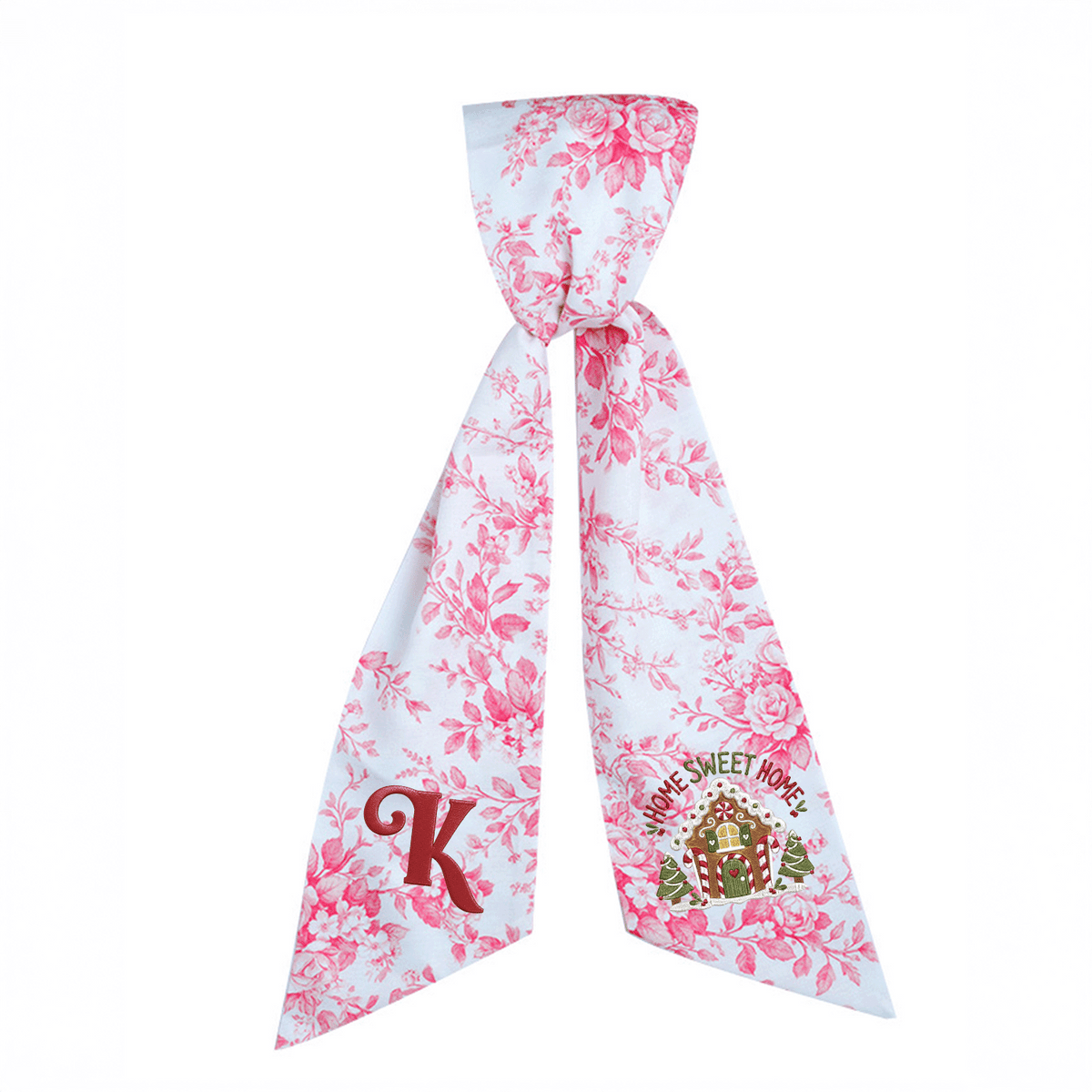 Custom Letter Gingerbread House Home Sweet Home Embroidered Linen Wreath Sash, Personalized Monogram Holiday Bow Sash for Door Decor