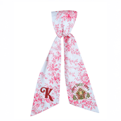 Custom Letter Gingerbread House Home Sweet Home Embroidered Linen Wreath Sash, Personalized Monogram Holiday Bow Sash for Door Decor