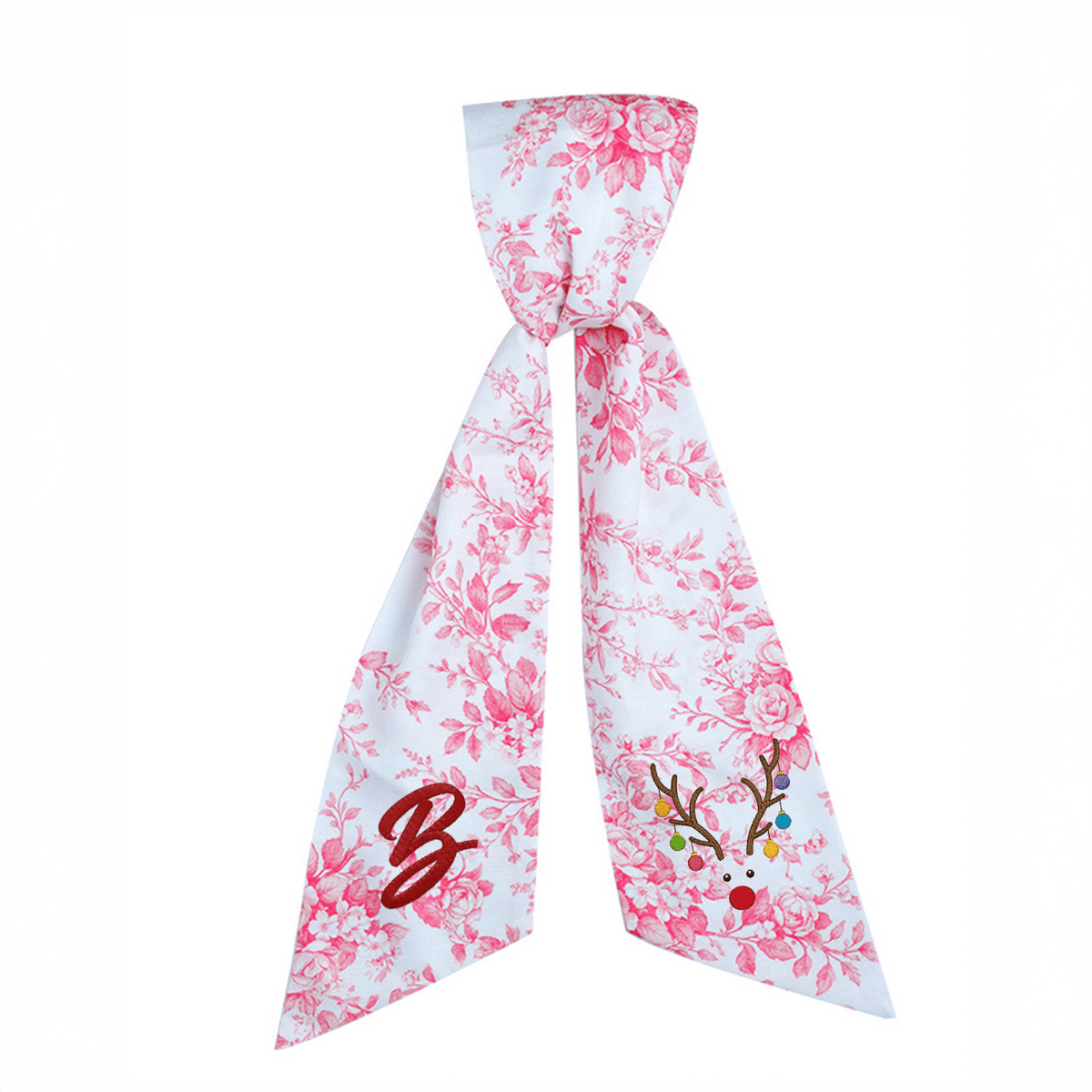Custom Letter Reindeer Antlers Lights Embroidered Linen Wreath Sash, Personalized Monogram Holiday Bow Sash for Door Decor