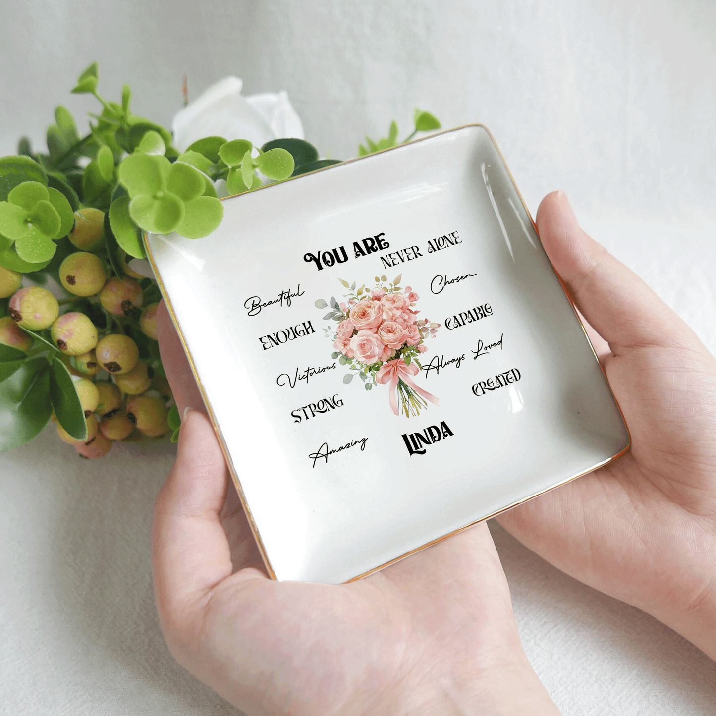 Personalized Bible Verse Ring Dish with Birth Flower – Faith Gift for Mom & Daughter – Christian Jewelry Tray