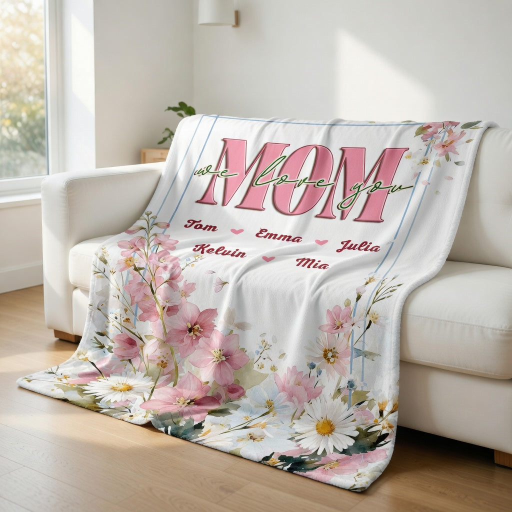 Mom, We Love You – Heartfelt Mother’s Day Gift from Kids – Personalized Floral Heart Blanket