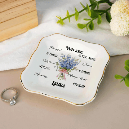 Personalized Bible Verse Ring Dish with Birth Flower – Faith Gift for Mom & Daughter – Christian Jewelry Tray