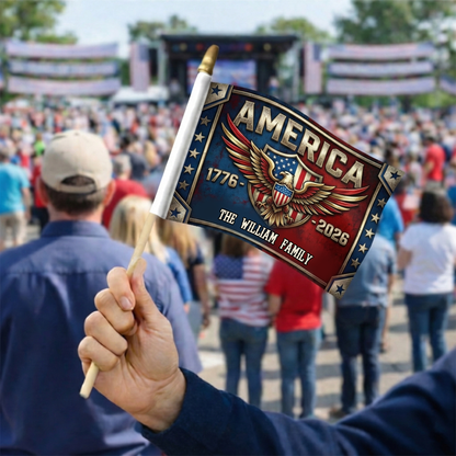 America 250 Patriotic Handheld Flag – Personalized Custom Name USA Eagle Flag 1776–2026