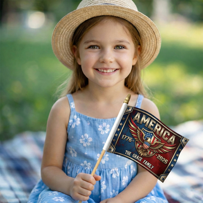 America 250 Patriotic Handheld Flag – Personalized Custom Name USA Eagle Flag 1776–2026