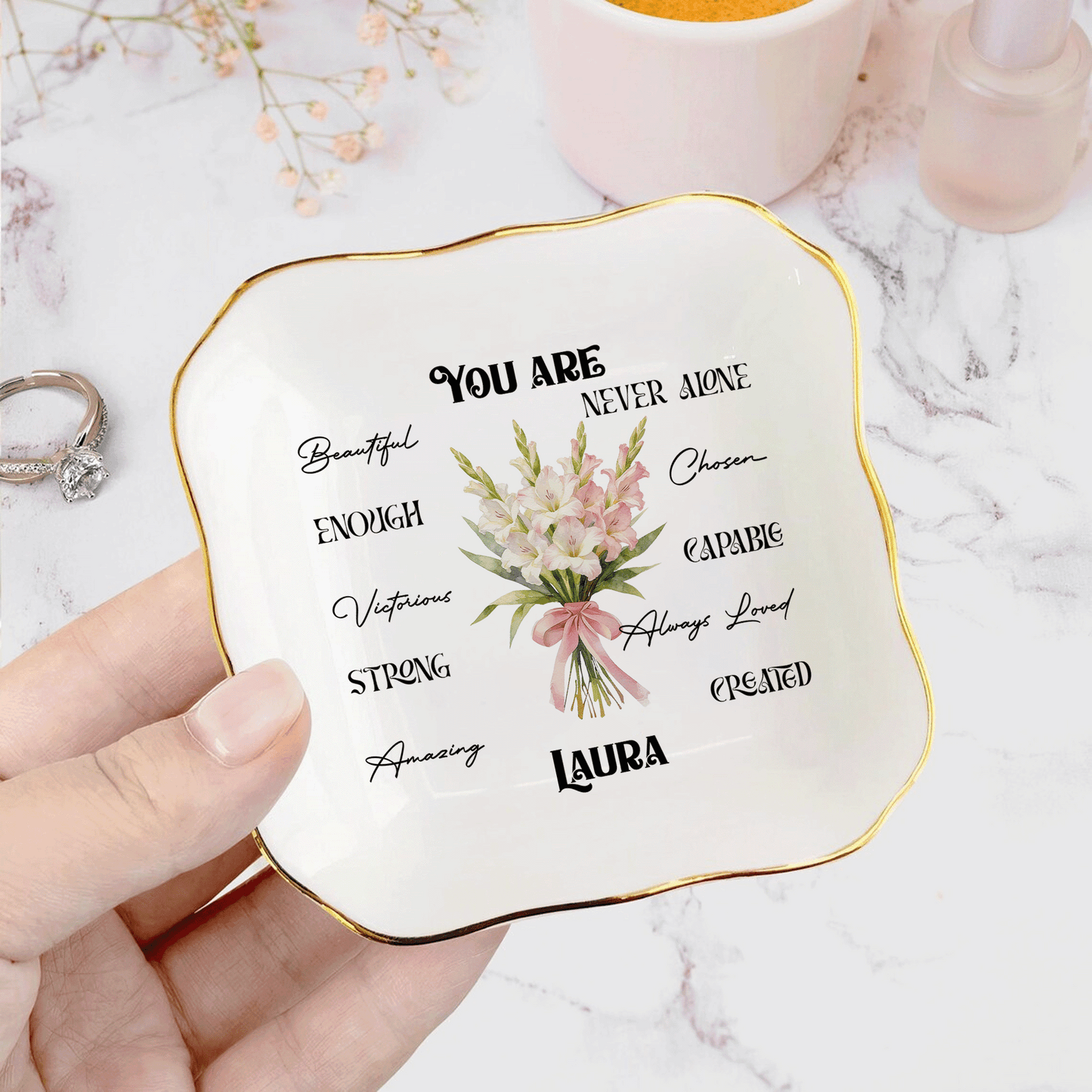 Personalized Bible Verse Ring Dish with Birth Flower – Faith Gift for Mom & Daughter – Christian Jewelry Tray