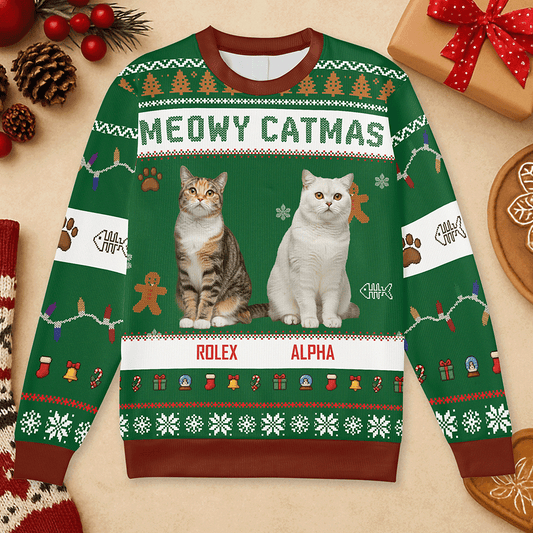 Meowy Catmas Sweater – Personalized 3D Cat Christmas Ugly Sweater