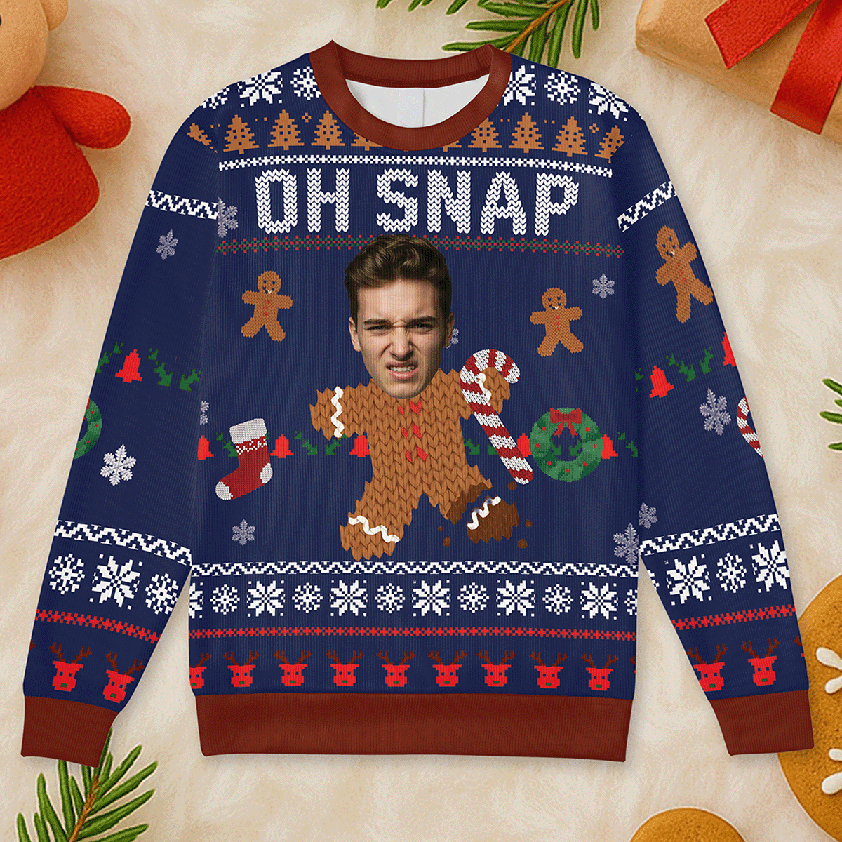 Oh Snap Gingerbread Custom Face Sweater – Personalized Photo Ugly Christmas Sweater