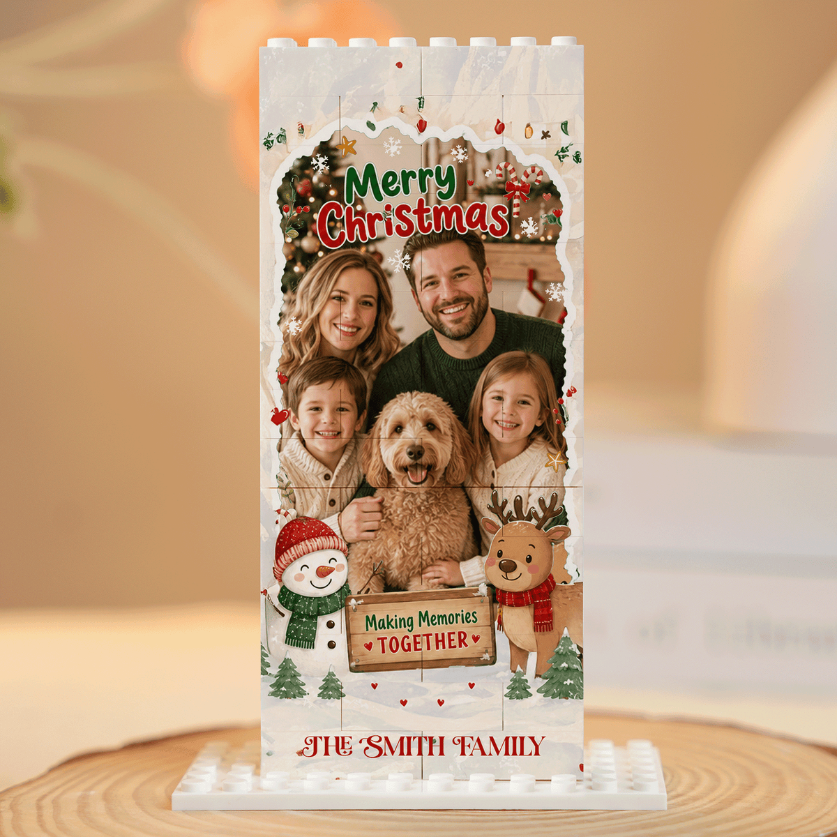 Personalized Photo Christmas Building Block in Light Blue & Off-White, Custom Family Picture Snowman & Reindeer Brick Puzzle Keepsake Decor, Festive Holiday Desk Gift