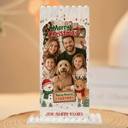 Personalized Photo Christmas Building Block in Light Blue & Off-White, Custom Family Picture Snowman & Reindeer Brick Puzzle Keepsake Decor, Festive Holiday Desk Gift