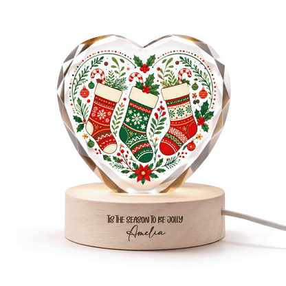 Custom Christmas Stockings Wreath 3D Laser Engraved Crystal Heart with LED Wooden Standee, Personalized Name Holiday Night Light Keepsake