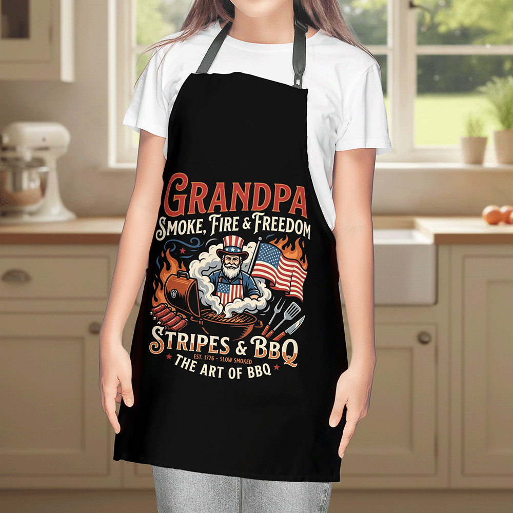 Grandpa Smoke Fire and Freedom Apron – Patriotic BBQ Grilling Apron Gift for