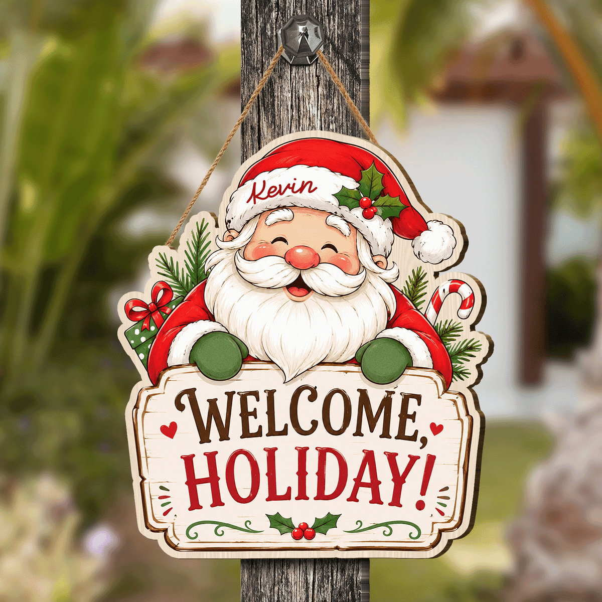 Personalized Santa Claus Custom Shape Wood Sign, Custom Name Welcome Holiday Cute Santa Claus Wooden Wall Hanging Decor for Christmas Home Entryway Door