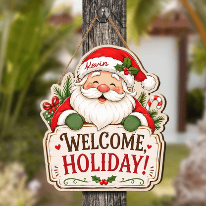 Personalized Santa Claus Custom Shape Wood Sign, Custom Name Welcome Holiday Cute Santa Claus Wooden Wall Hanging Decor for Christmas Home Entryway Door
