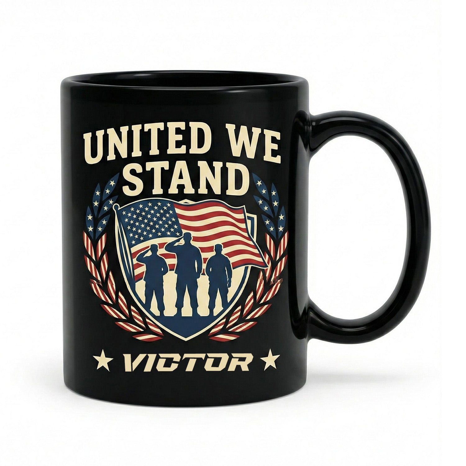 United We Stand Patriotic Veteran Black Mug – Personalized USA Military Tribute Mug