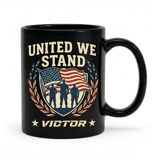 United We Stand Patriotic Veteran Black Mug – Personalized USA Military Tribute Mug