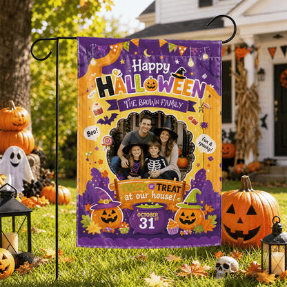 Personalized Happy Halloween Custom Family Photo Pumpkin Cauldron Double Sided Outdoor Garden Flag Custom Name Yard Banner