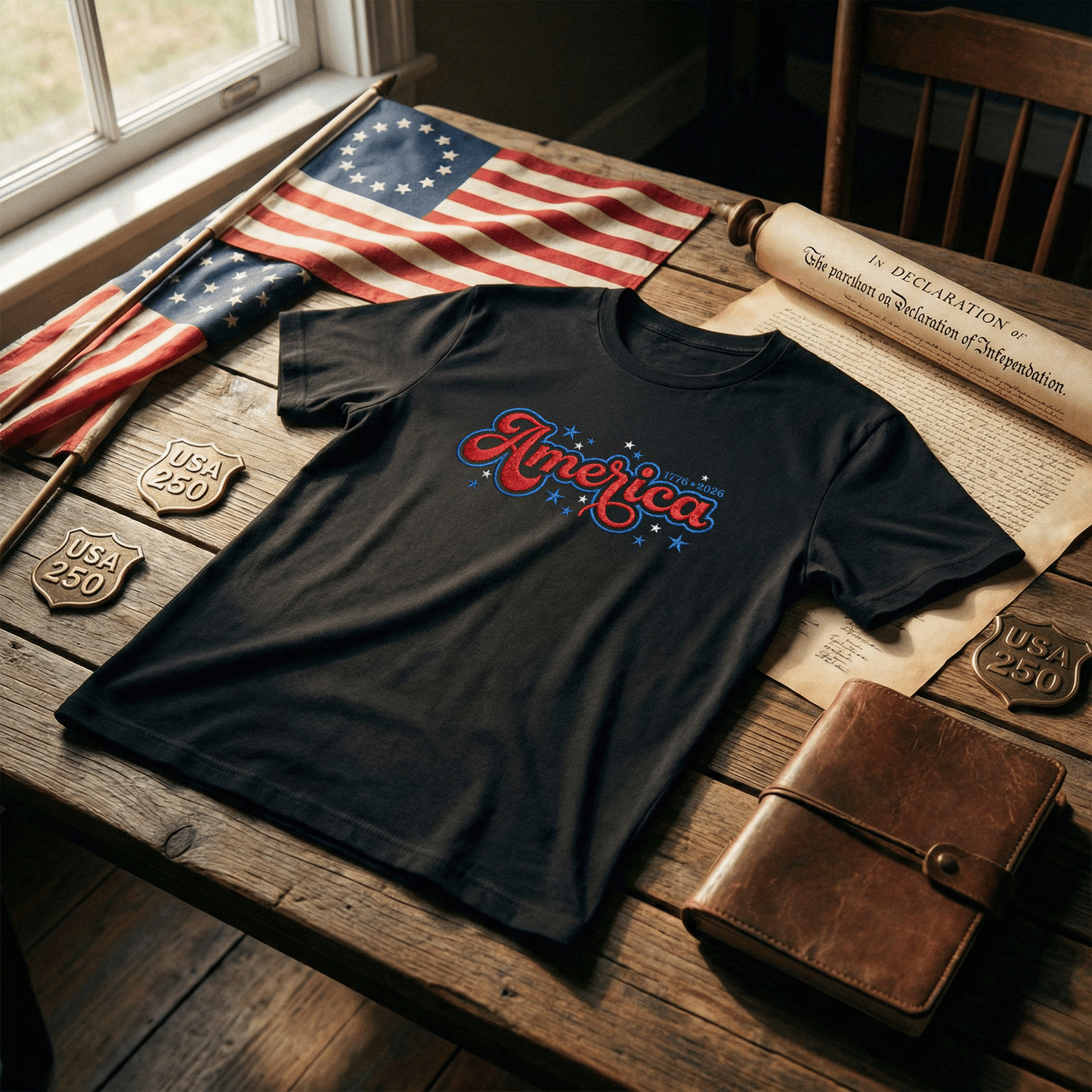 USA 250 Freedom - Embroidered T-Shirt 1776-2026 Patriotic Design