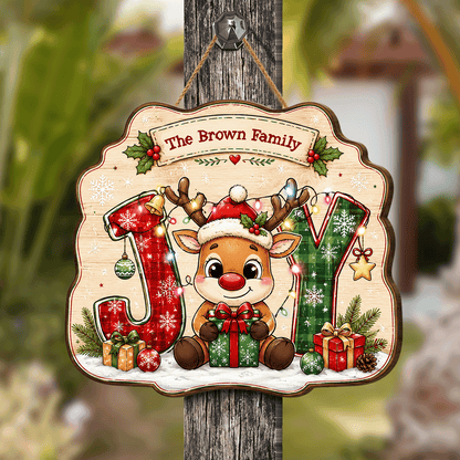 Personalized Reindeer JOY Lights Gift Custom Shape Wood Sign, Custom Family Name Rudolph Christmas Plaque Wooden Hanging Decor, Festive Holiday Door & Wall Decor Family Gift