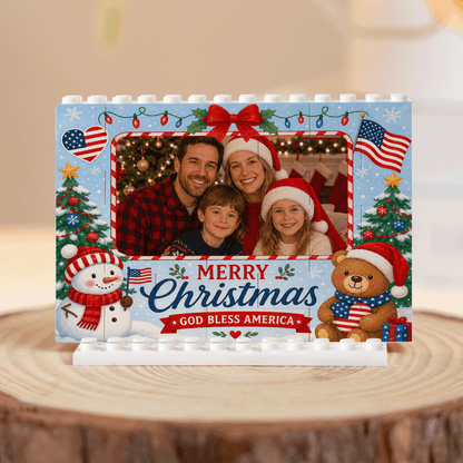 Personalized Photo Horizontal Christmas Building Block in Sky Blue & Red, Custom Family Picture Patriotic God Bless America Snowman Brick Puzzle Keepsake Decor, Festive Holiday Desk Gift