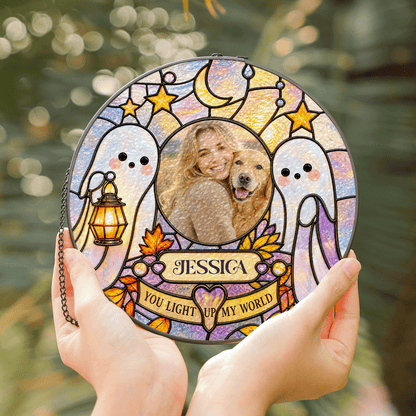 Personalized Halloween Ghost Lantern Custom Photo Pet You Light Up My World Stained Glass Suncatcher Window Hanging Custom Name Home Wall Decor