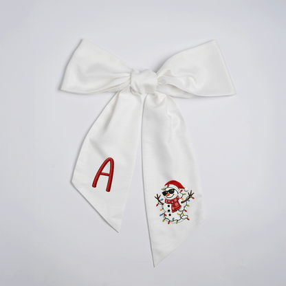 Custom Monogram Cool Snowman Linen Wreath Bow, Personalized Initial Sunglasses Snowman Christmas Wreath Sash & Front Door Decor