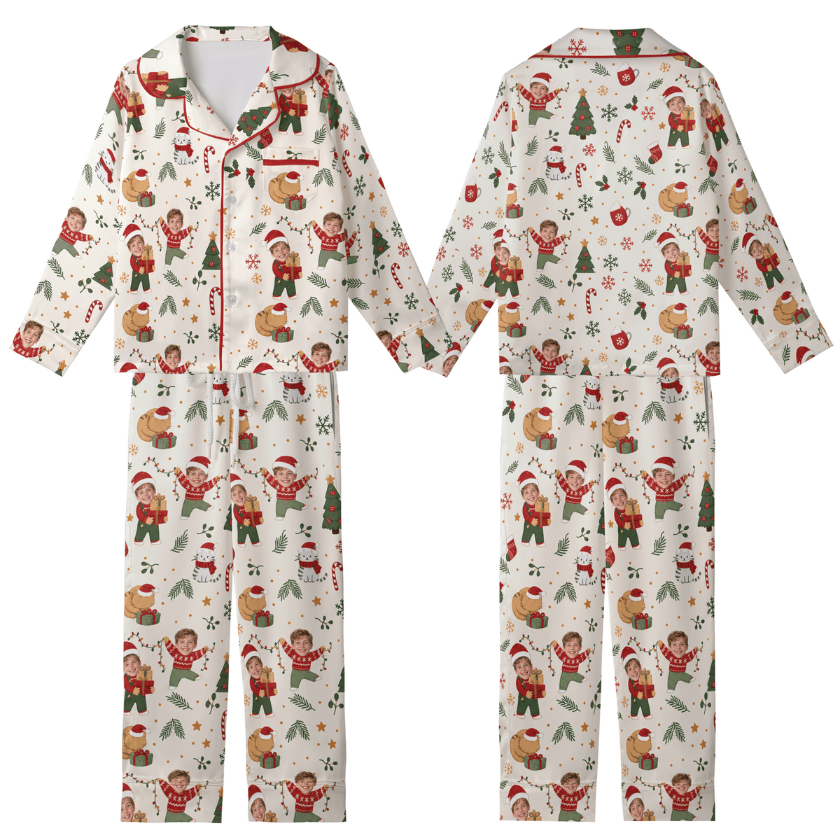 Custom Face Photo Christmas Cat Present Personalized Kid Pajamas Set Cream Satin Long Sleeve Button Up Holiday Sleepwear Nightwear Lounge Set