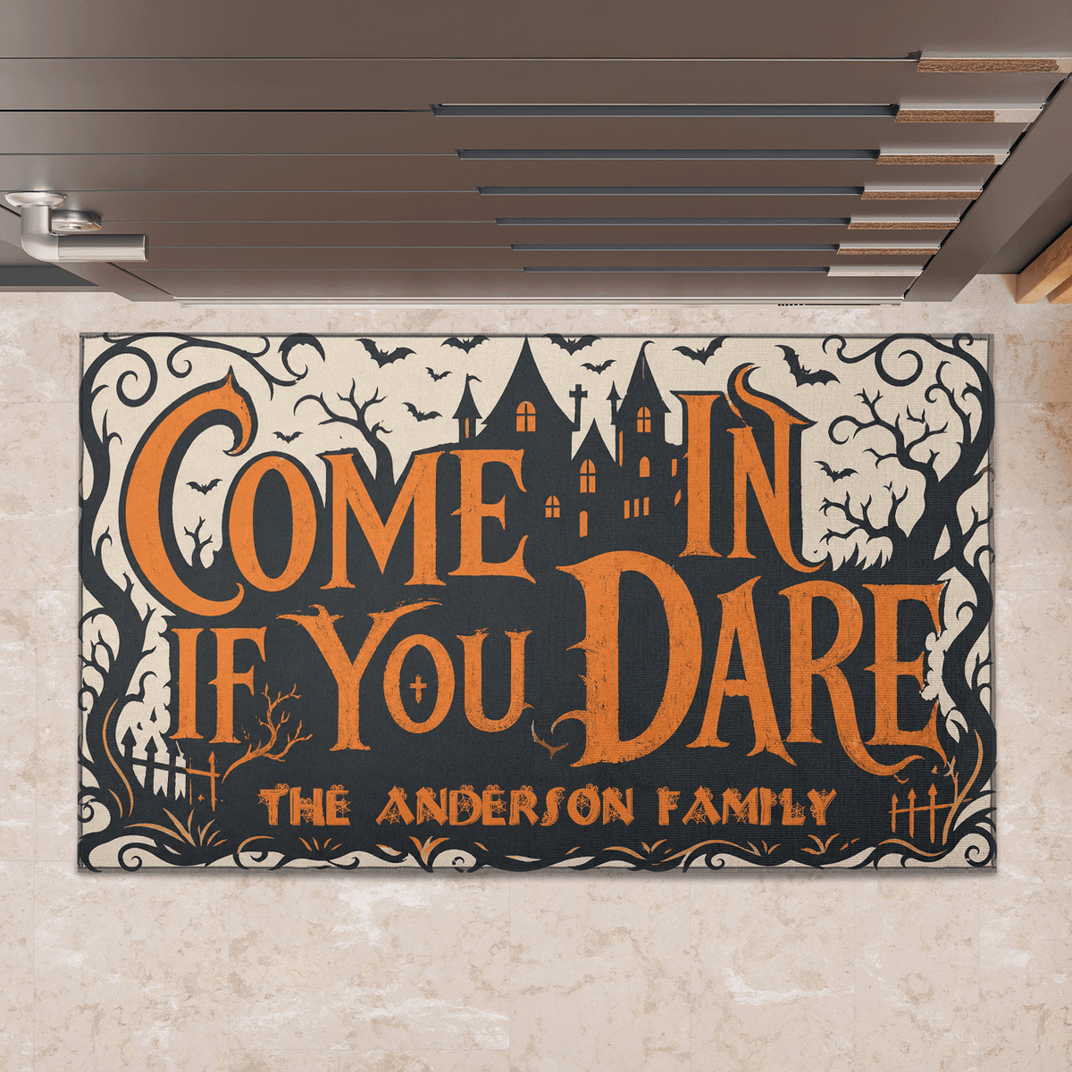Personalized Halloween Come In If You Dare Haunted Castle Doormat Custom Family Name Entrance Floor Mat