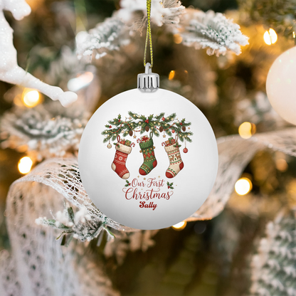 Personalized Name Our First Christmas Stockings White Ball Ornament, Custom Shatterproof Plastic Holiday Bauble