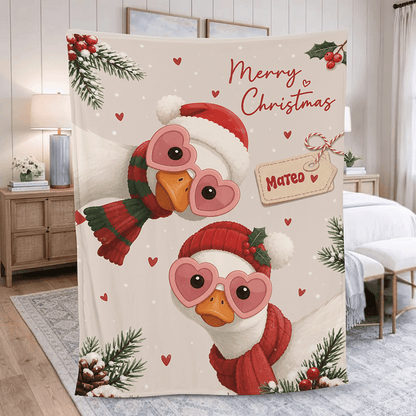 Personalized Cute Goose Christmas Blanket, Custom Name White Geese Heart Sunglasses Holiday Fleece Blanket, Cozy Xmas Goose Throw Keepsake Gift
