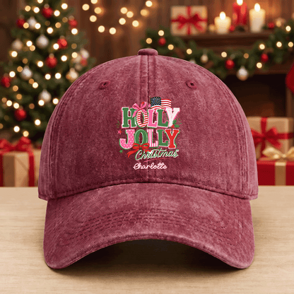 Holly Jolly Christmas Personalized Embroidered Baseball Cap, Custom Name Holiday Hat