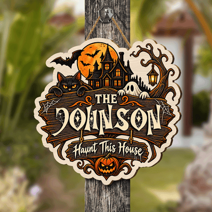 Personalized Halloween Black Cat Ghost Haunted House Custom Shape Wood Sign Spooky Family Name Door Hanger Home Wall Decor