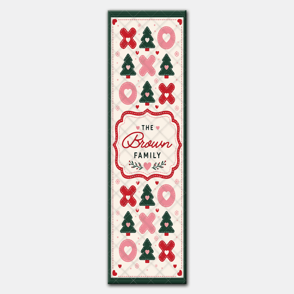 Personalized XOXO Christmas Tree Quilt Table Runner, Custom Family Name Hugs and Kisses Holiday Quilted Table Runner & Dining Decor