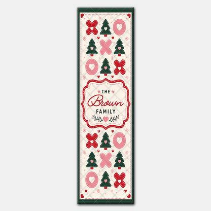 Personalized XOXO Christmas Tree Quilt Table Runner, Custom Family Name Hugs and Kisses Holiday Quilted Table Runner & Dining Decor