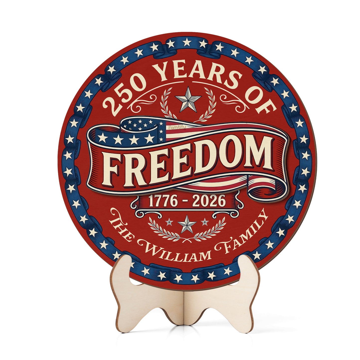 250 Years of Freedom Personalized 2-Layer Wood Sign – Custom Family Name Patriotic Door Sign
