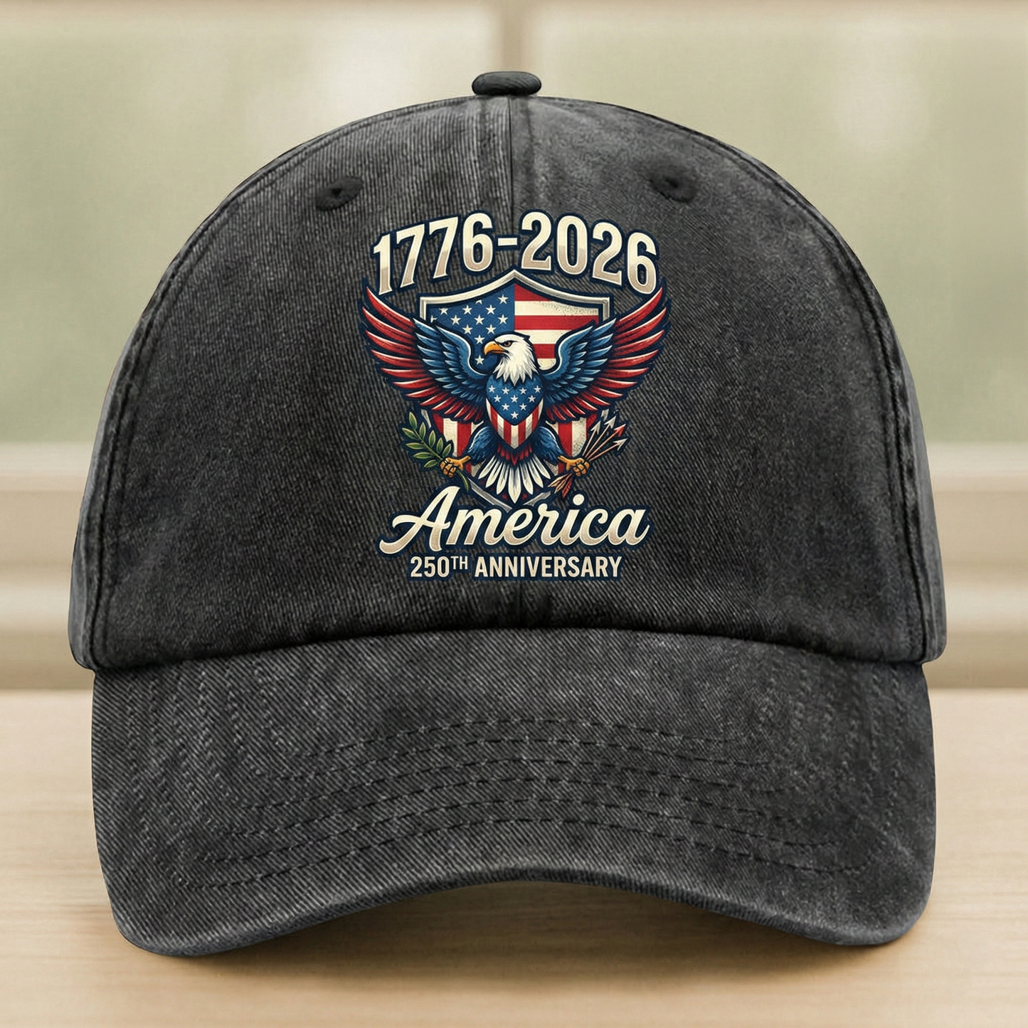 America 250 Years Anniversary Eagle US Flag Washed Denim Cap – Personalized Independence Day Gift
