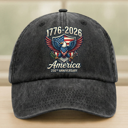 America 250 Years Anniversary Eagle US Flag Washed Denim Cap – Personalized Independence Day Gift