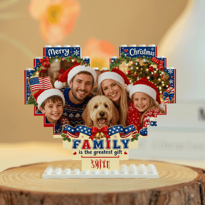 Personalized Photo Heart Building Block in Navy Blue, Red & White, Custom Family Picture Patriotic American Flag Xmas Brick Puzzle Keepsake Decor, Festive Christmas Desk Gift