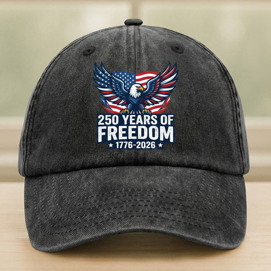 250 Years of Freedom Eagle Washed Denim Baseball Cap - Custom Name Patriotic USA Hat 1776-2026