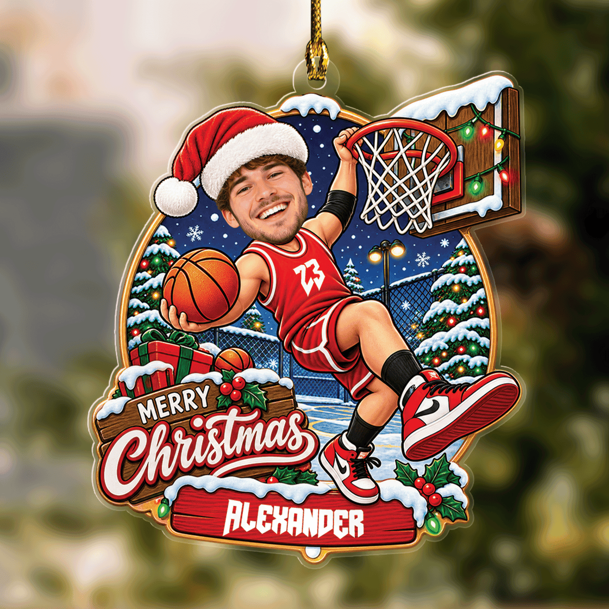 Personalized Merry Christmas Basketball Player Photo Acrylic Ornament, Custom Name Jersey Basketball Boy Xmas Tree Hanging Decor Keepsake, Sports Holiday Gift