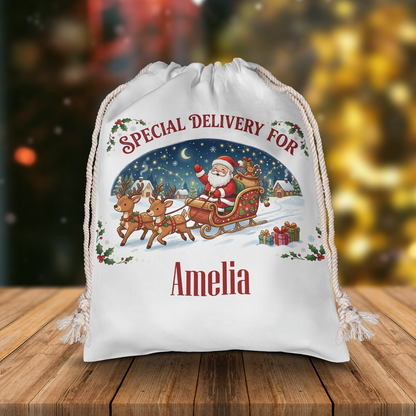 Personalized Special Delivery for Christmas Sack, Custom Name Santa Gift Bag