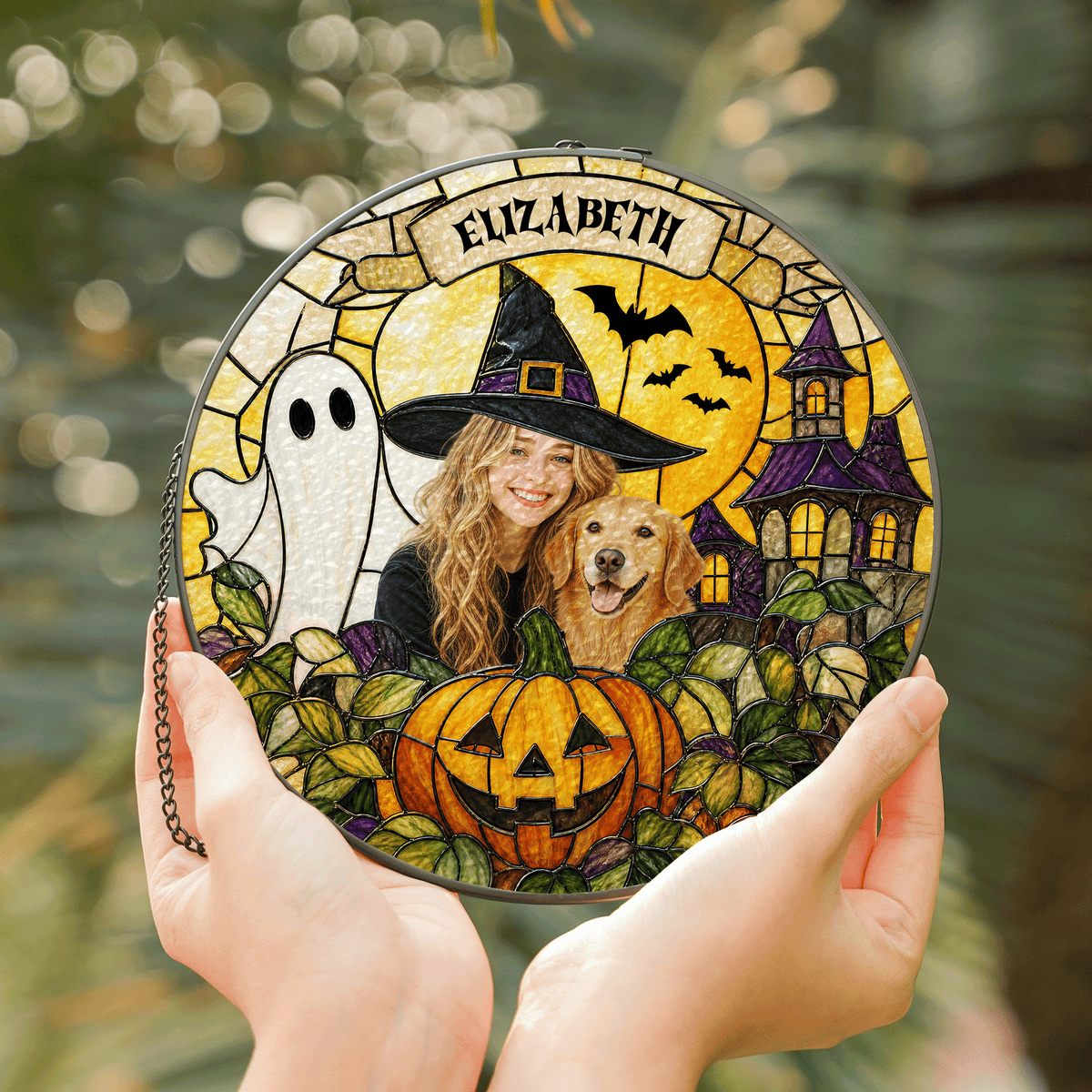 Personalized Halloween Witch Pet Custom Photo Ghost Haunted House Stained Glass Suncatcher Window Hanging Custom Name Home Wall Decor