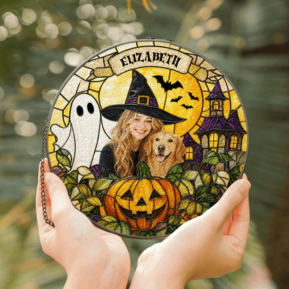 Personalized Halloween Witch Pet Custom Photo Ghost Haunted House Stained Glass Suncatcher Window Hanging Custom Name Home Wall Decor