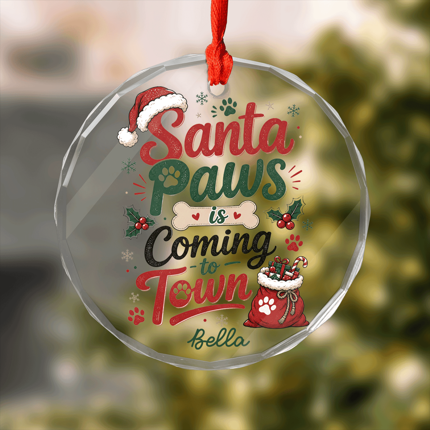 Personalized Santa Paws Is Coming to Town Glass Ornament, Custom Pet Name Christmas Gift
