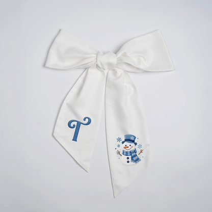 Custom Letter Christmas Snowman Embroidered Linen Wreath Sash, Personalized Monogram Holiday Bow Sash for Door Decor