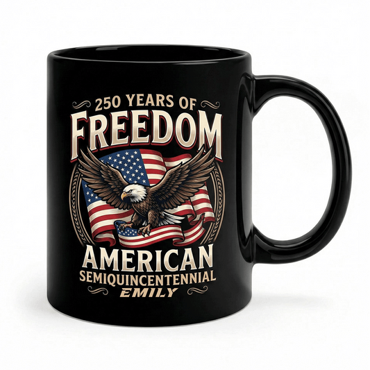 250 Years of Freedom America Personalized Black Mug – Custom Name Patriotic Semiquincentennial Mug