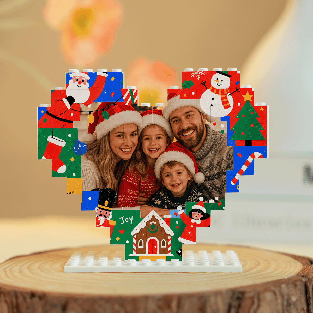 Personalized Photo Heart Building Block in Red & Blue, Custom Family Picture Gingerbread House & Nutcracker Xmas Brick Puzzle Keepsake Decor, Festive Christmas Desk Gift