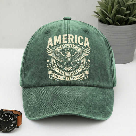 America 250 Years of Freedom 1776–2026 Anniversary Washed Denim Baseball Cap