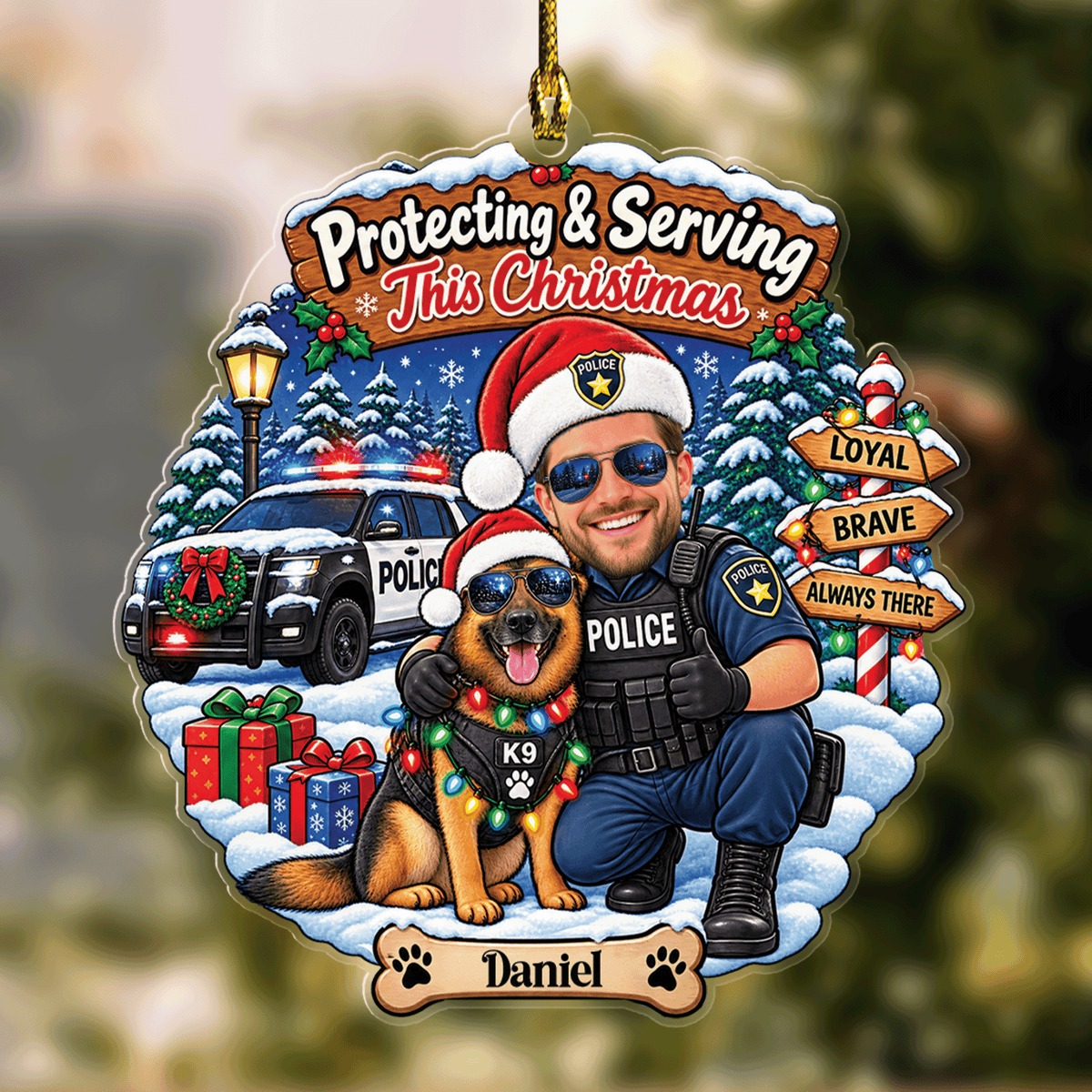 Personalized Protecting & Serving This Christmas Police Officer Photo Acrylic Ornament, Custom Name K9 Unit Police Car Xmas Tree Hanging Decor Keepsake, Law Enforcement Holiday Gift