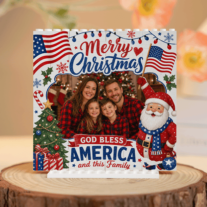 Personalized Photo Christmas Building Block in Off-White & Red, Custom Family Picture Patriotic American Flag Santa Brick Puzzle Keepsake Decor, Festive Holiday Desk Gift
