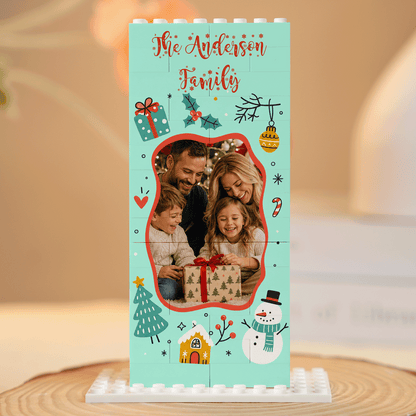 Personalized Photo Christmas Building Block in Vertical Mint Green, Custom Family Name Snowman & Gingerbread House Brick Puzzle Keepsake Decor, Festive Holiday Desk Gift